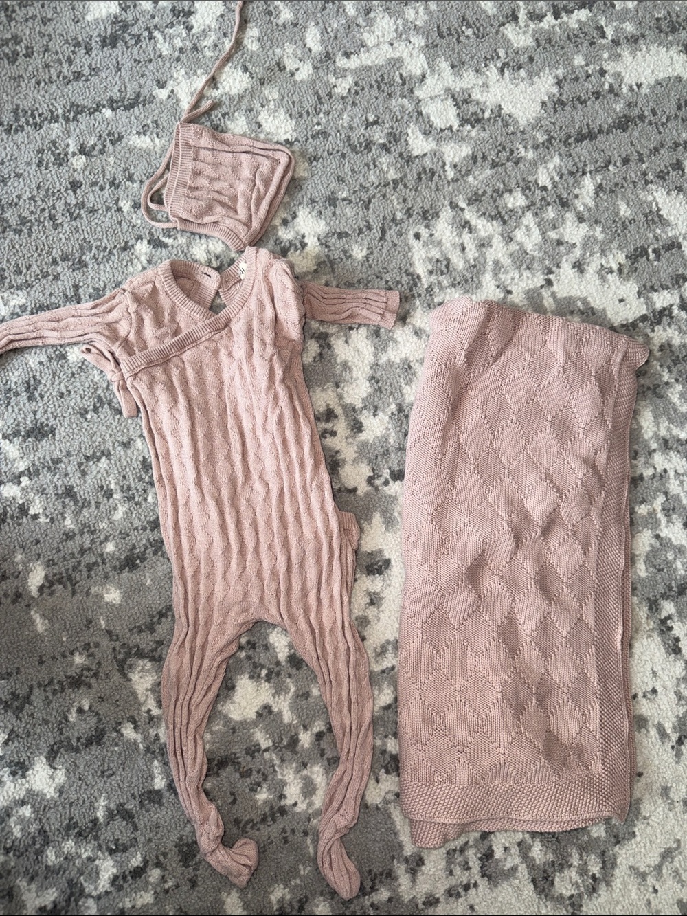Cable-Knit Baby Romper, Bonnet & Blanket Set in Dusty Rose